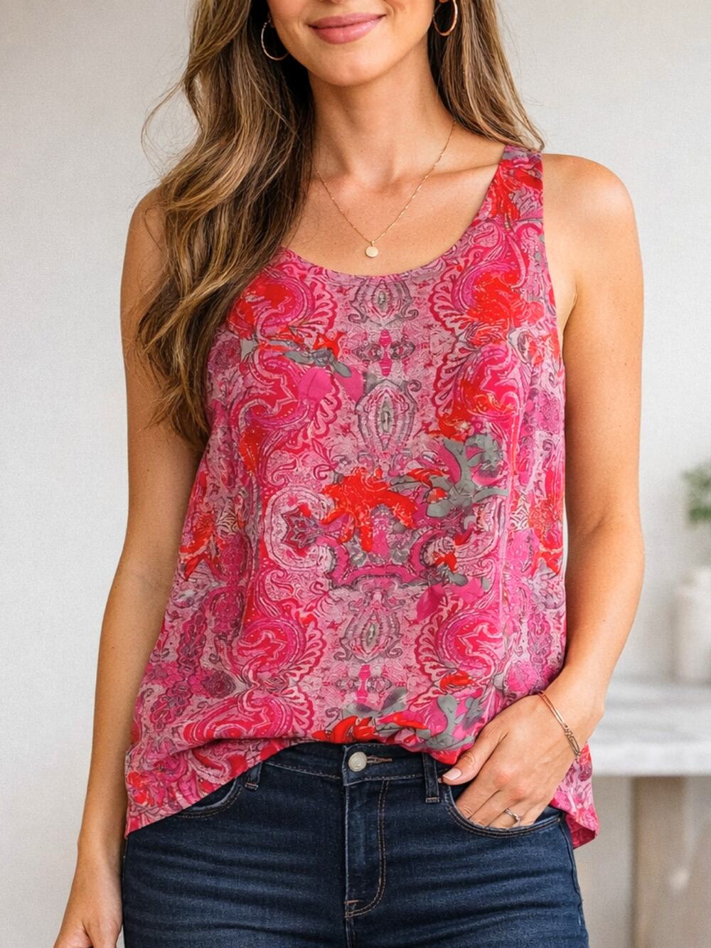 Cabi #127 Jubilee Red Paisley Tank Top Sleeveless Zip Back S